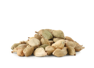 Heap of cardamom seeds on white background