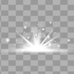 Glow isolated white light effect set, lens flare, explosion, glitter, line, sun flash and stars. Abstract special effect element design. Shine ray with lightning. Set of gold bright beautiful stars