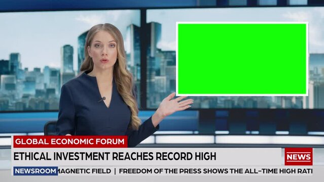 Newsroom TV Studio Live News Program: Caucasian Female Presenter Reporting, Green Screen Chroma Key Screen Picture. Television Cable Channel Anchor Woman Talks. Network Broadcast Mock-up Playback