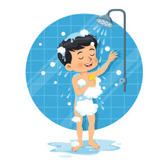 Cute boy is taking a shower in the bathroom. Vector illustration