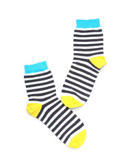 Pair of stylish socks on white background