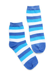 Pair of striped socks on white background