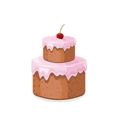 Tort z różową polewą i czerwoną wiśnią. Ciasto urodzinowe - piętrowe. Wektorowa ilustracja. Słodkie jedzenie, kolorowy pyszny deser na przyjęcie.