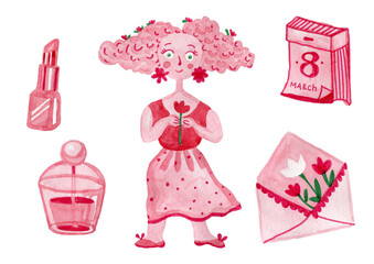 March 8 Woman Girl Watercolor Illustration Pink Flowers Perfume Lipstick Envelope