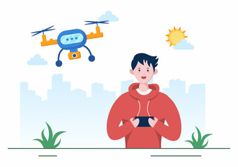 Drone with Camera Remote Control Driven Flying Over to Taking Photography and Video Recording in Flat Cartoon Background illustration