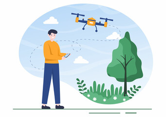 Drone with Camera Remote Control Driven Flying Over to Taking Photography and Video Recording in Flat Cartoon Background illustration