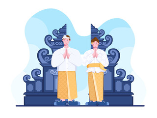 People Wear Traditional Balainese Clothes illustration. People dressed balinese clothing. People Greeting Happy Day of Silence or Nyepi Day. Can be use for postcard, web, banner, poster, etc