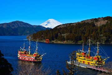 2022年1月の芦ノ湖の遊覧船と雪を頂いた富士山