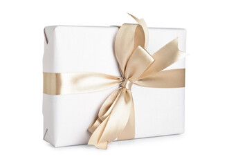 Gift box with ribbon and bow on white background
