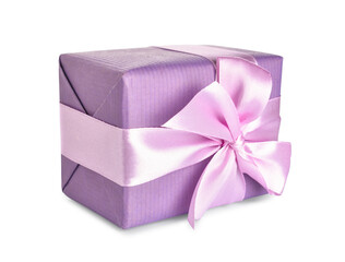 Gift box with ribbon and bow on white background