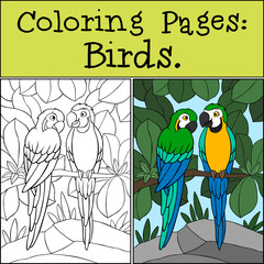 Coloring page with example. A pair of cute parrots yellow macaw sits and smiles.