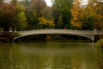 Fototapeta na wymiar Rainy Autumn at Bow Bridge in Central Park