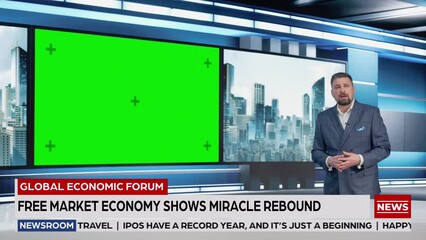 Newsroom TV Studio Live News Program: Caucasian Male Presenter Reporting News, Uses Big Green Screen Chroma Key Screen. Television Cable Channel Anchor Talks. Network Broadcast Mock-up Playback