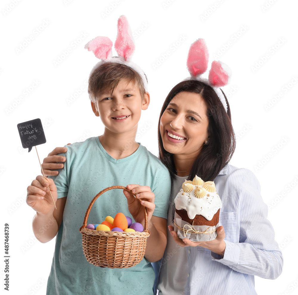 Poster little boy, his mother with easter cake and eggs on white background