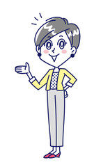 手のひらを見せて案内をする若い女性