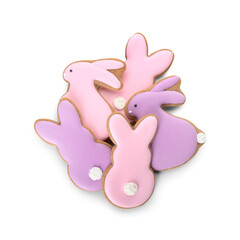Delicious Easter cookies in shape of bunny on white background