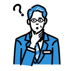 顎に手をあてて考えているバッヂのついたスーツを着たメガネをかけた中年男性
