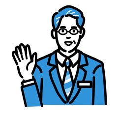 手を挙げて笑顔で挨拶しているバッヂのついたスーツを着たメガネをかけた中年男性
