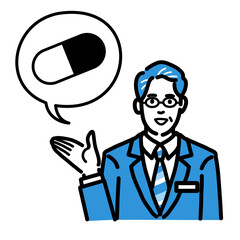 薬の説明をしているメガネをかけたバッヂのついたスーツを着た中年男性
