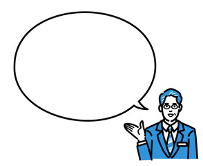 吹き出しで説明するバッヂのついたスーツを着たメガネをかけた中年男性
