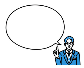 吹き出しで説明するバッヂのついたスーツを着たメガネをかけた中年男性
