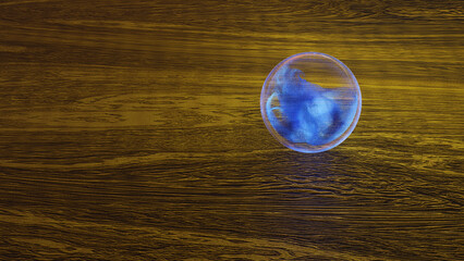 A transparent fluid glass globe on a brown wooden floor (3D Rendering)