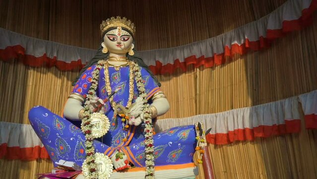 Idol of Goddess Saraswati at Howrah, West Bengal, India. Saraswati is Hindu goddess of knowledge, music, art, wisdom, and learning.