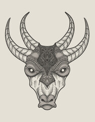 illustration cow head engraving style with mask