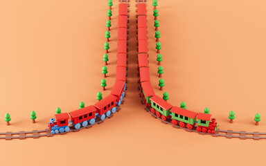 Trains runs on the rail track, 3d rendering.