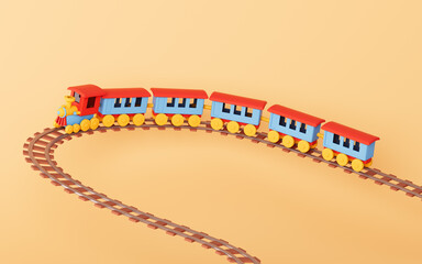 A train runs on the railroad track with yellow background, 3d rendering.