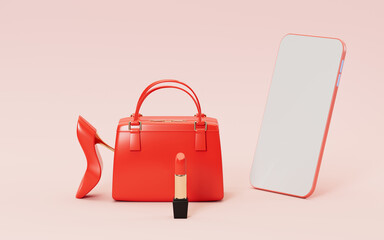 Handbag and lipstick with pink background, 3d rendering.