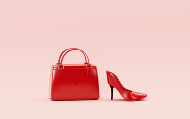 High-heeled shoes and handbags with pink background, 3d rendering.