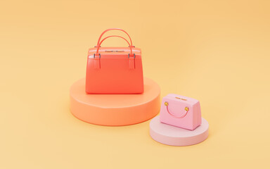 Handbags and stage with yellow background, 3d rendering.