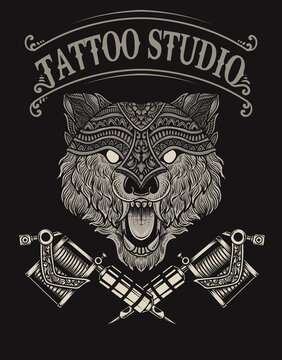 illustration wolf tattoo studio logo