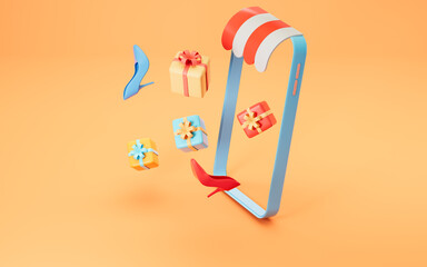 Gifts and phone, shopping online, 3d rendering.