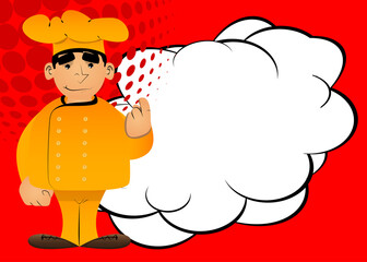 Fat male cartoon chef in uniform with inviting hand sign, to come here expression. Vector illustration.