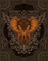 illustration elephant head engraving ornament style with mask