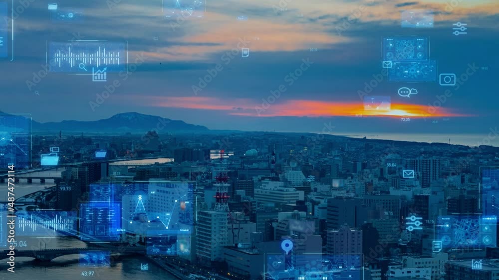 Aufkleber modern city and digital transformation concept. system engineering. communication network.