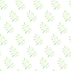 Watercolor seamless pattern with delicate green leaves on a white background