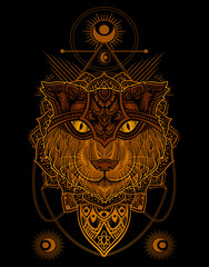 illustration cat head engraving mandala style with mask