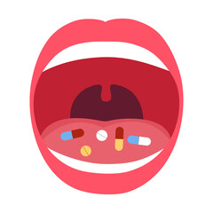 Medicine capsules and tablets in mouth flat design on white background. Take medicine concept vector Illustration.