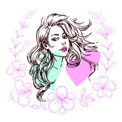 Vector portrait of a beautiful woman on the background of floral ornament