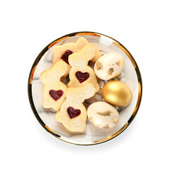 Plate with delicious cookies for Easter with eggs on white background