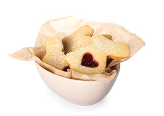Bowl with delicious Easter cookies on white background