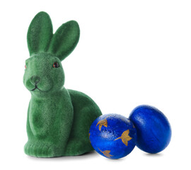 Cute Easter bunny and painted eggs on white background