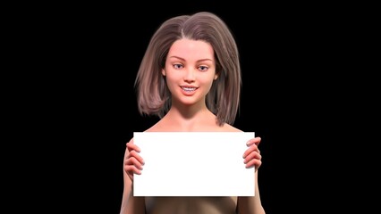 female character with face protection mask and hair expression holding sign, 3d illustration