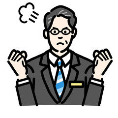 怒っているバッヂのついたスーツを着たメガネをかけた中年男性
