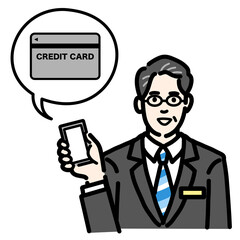 スマートフォンを持ちクレジットカードの説明をしているバッヂのついたスーツを着たメガネをかけた中年男性
