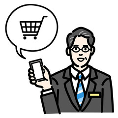 スマートフォンを持ってショッピングの説明をしているバッヂのついたスーツを着たメガネをかけた中年男性
