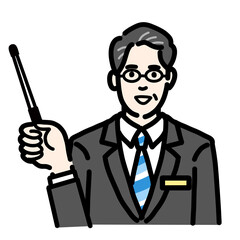指し棒で解説をしているバッヂのついたスーツを着たメガネをかけた中年男性
